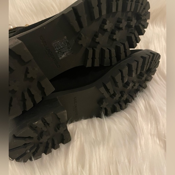 Karl Lagerfeld Paris Pola Black Suede Pearl Gold Studded Lug Sole Bootie - Picture 4 of 4